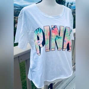 PINK~Victoria's Secret~White Tropical Floral Print T-Shirt Sz~MED~NWOT